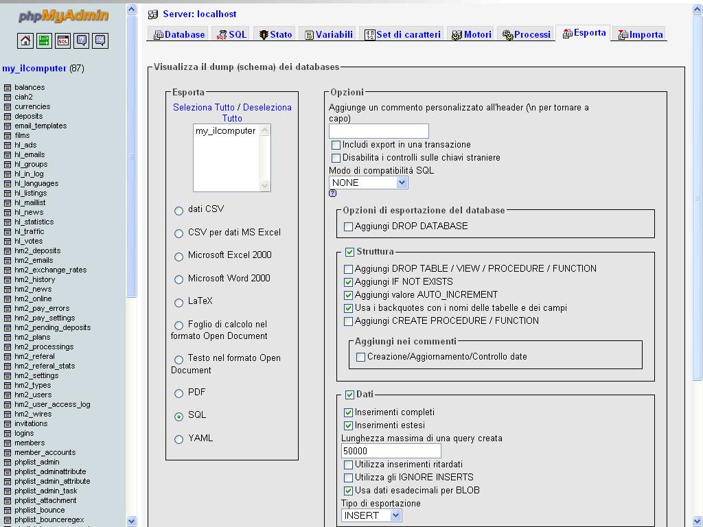 Esportare il database o le tabelle