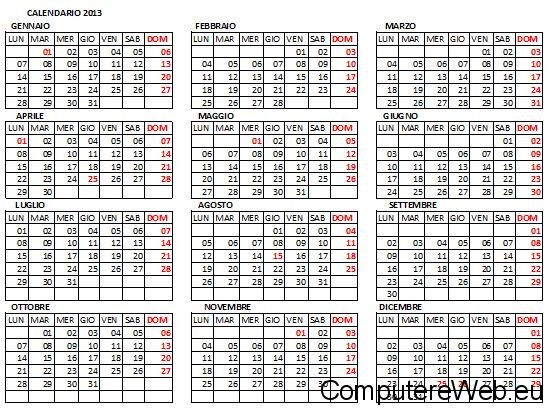 calendario tascabile 2013 da