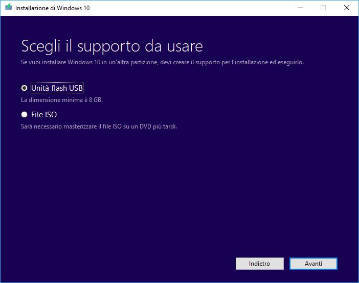 installare windows 10 su penna usb